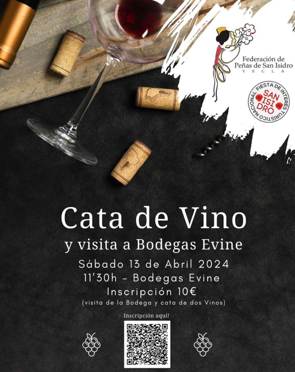 Este sábado 13 de abril tienes un plan especial en Yecla con motivo de la Semana Cultural 2024 de las Fiestas de San Isidro. Una Cata de vino y visita a las Bodegas Evine. ¡Apúntante!  #DOPYecla