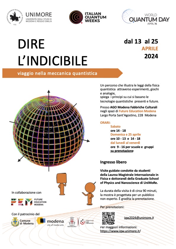 🗣Dire l'indicibile⚛️Viaggio nella meccanica quantistica🗓13-25 aprile⏰ Lun-Ven ore 9-16 (su prenotazione) Sabato ore 14-18 Domenica e festivi 10-13 e 14-18📍 AGO #Modena Fabbriche Culturali 🆓 Ingresso libero‼️ Info👉iqw.unimore.it #ItalianQuantumWeeks @UNIMORE_univ