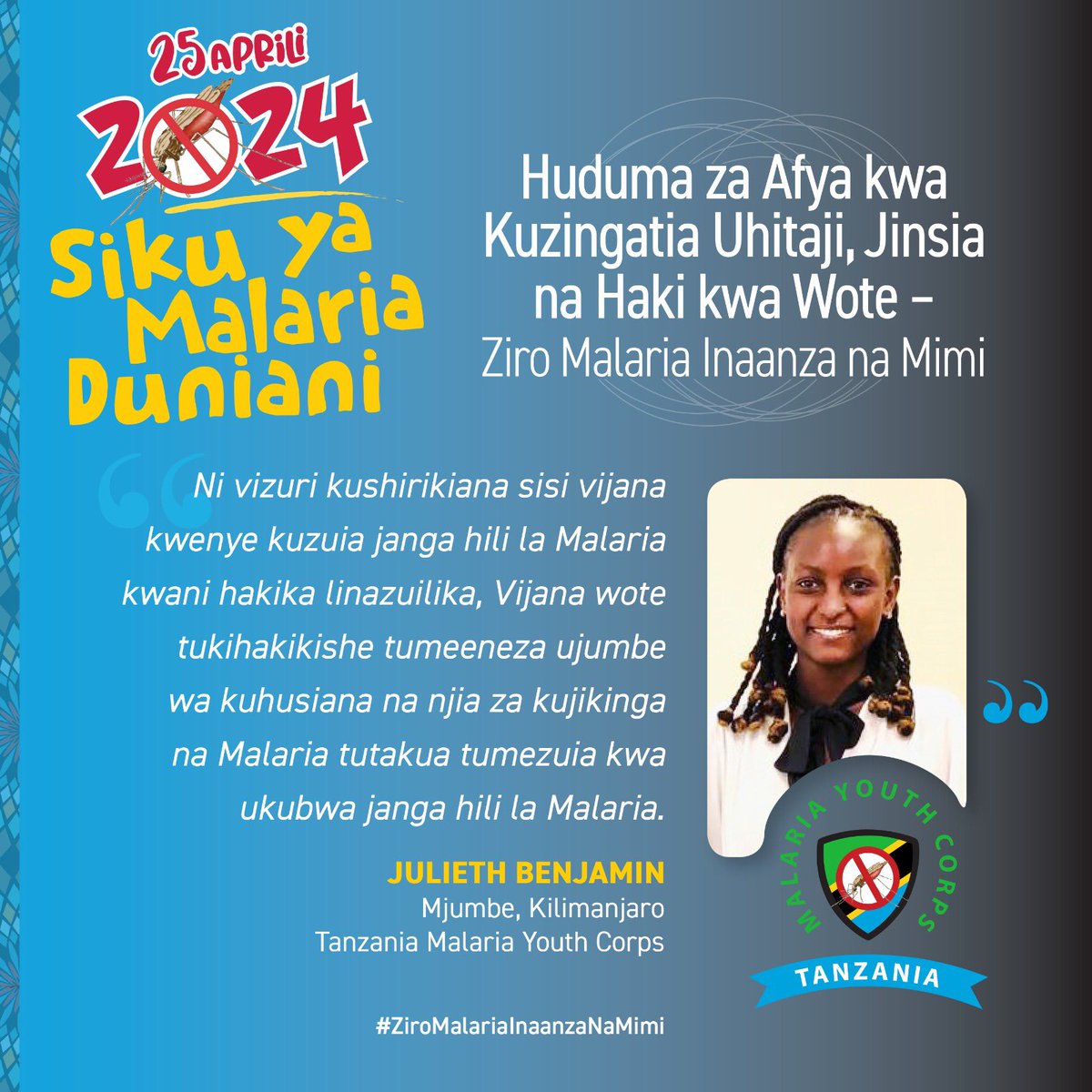 Je wajua ? 💬 Kila tarehe 25 Aprili dunia nzima inaadhimisha siku ya malaria duniani na mwaka huu kupitia @wizara_afyatz maadhimisho haya yanatarajia kufanyika mkoani Tabora na vijana wa @malariacorpstz tutashiriki kwa kishindo 💪. #KataaMalaria 🚫🦟