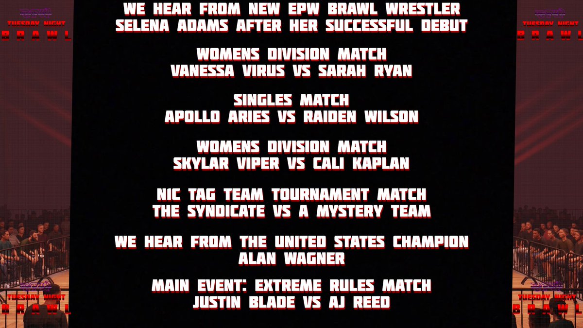 A exciting EPW Brawl comes your way TODAY! 

- Selena Adams's first apperance on the Mic in EPW!
- Justin Blade in ACTION

Tune into EPW Brawl TODAY at 6:00 PM ET!
twitch.tv/champyychamp