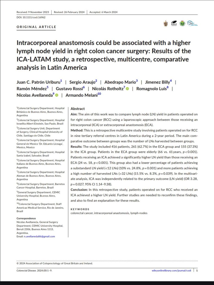 @jcpatron @DrSEAraujo @armando_melani @GustavoRossiMD @NicoRotholtz @ColorectalDis @coloproctobrit @RoelHompes @caycedomarula @luisromagnolo @DaniloMisko Does ICA in right colon cancer achieve more lymph nodes? Food for thought in this @latamccr study lead by the big guy @jcpatron with many latam figures like @NicoRotholtz @GustavoRossiMD @proctoramon et al. What say the experts? @AntoninoSpin @SWexner @juliomayol @escp_tweets