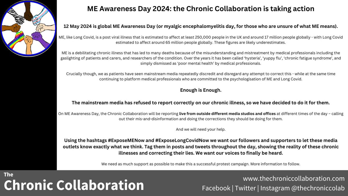 While we have your attention #BringMillieHome #DontLetMEDie: For #MEAwarenessDay we're protesting at several UK media outlets. We want YOU ALL to be there on banners. Please send photos of yourself (square) along with name & what you live with to hello(at)thechroniccollaboration.com