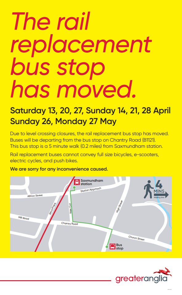 Please note if you are travelling from Saxmundham in the coming weekends the replacement bus stop has moved 👇🚌