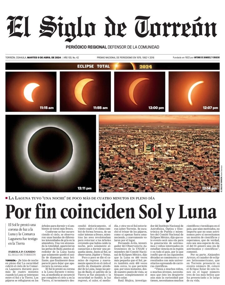 LaloRdzDeLeon's tweet image. #PrimerasPlanas 🗞️ del periódico el Siglo de @Torreon una de 1923 y otra cien años después de 2024. 🌘🔭
#EclipseSolarTotal #EclipseSolar2024 #Torreón