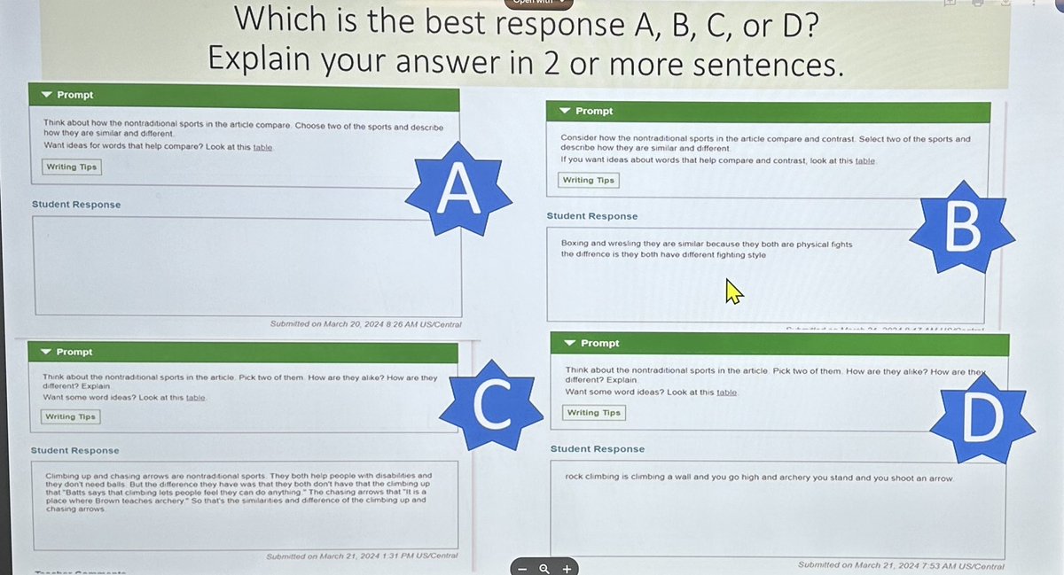 LitCoachSonya's tweet photo. Harness the power of student work to level up reading responses. Ms. Martin selected 4 student answers for this warm-up activity and followed it up with a class discussion. #ReadWriteThink #ReadingResponses #CFISDRW #WeGrowReaders https://t.co/T7xCfkmVJf