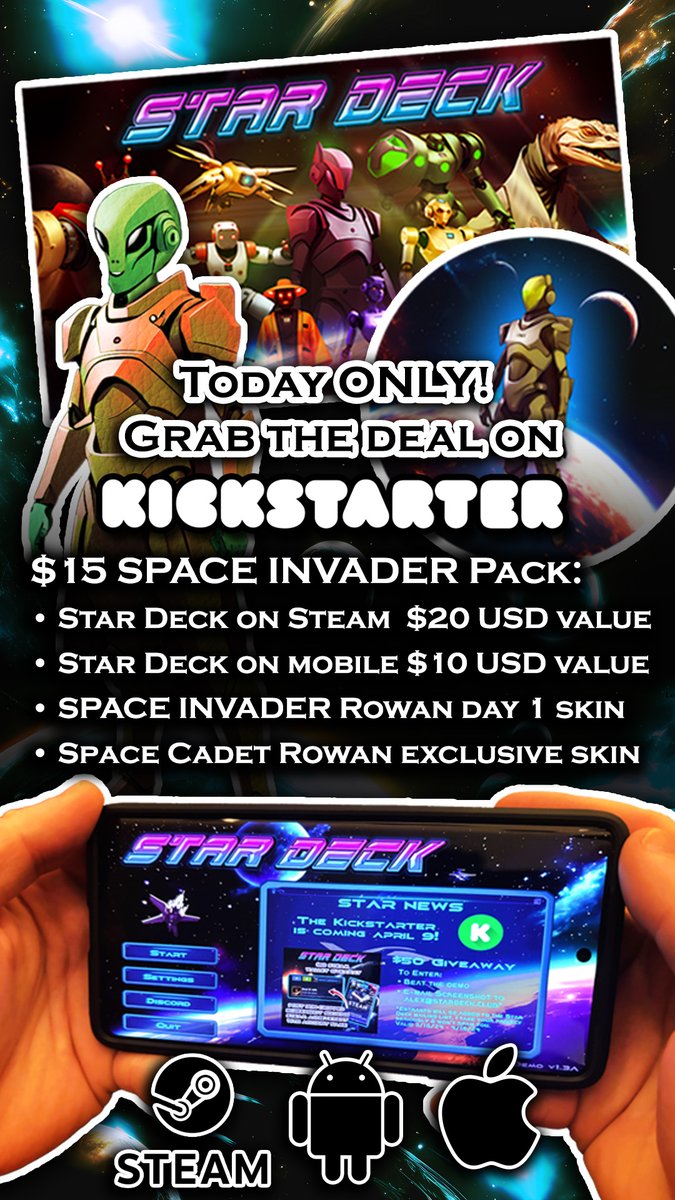 The #Kickstarter is now live! Only $15 gets you everything below!  

Back NOW! bit.ly/3Ubd5Ji

A $30 deal for $15?! Lock it in now, the Space Invader skin will be gone in 24 hours!  

#StarDeck #deals #freegame #crowdfunding #indiegames #cardgames #roguelike