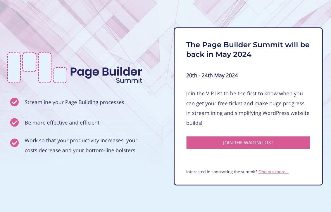 Well, it had to happen - the Page Builder Summit is back, and it's 7.0! If you're interested in keeping up to date, then get on the waitlist and we'll keep you updated: pagebuildersummit.com Pleeeeease feel free to share this!