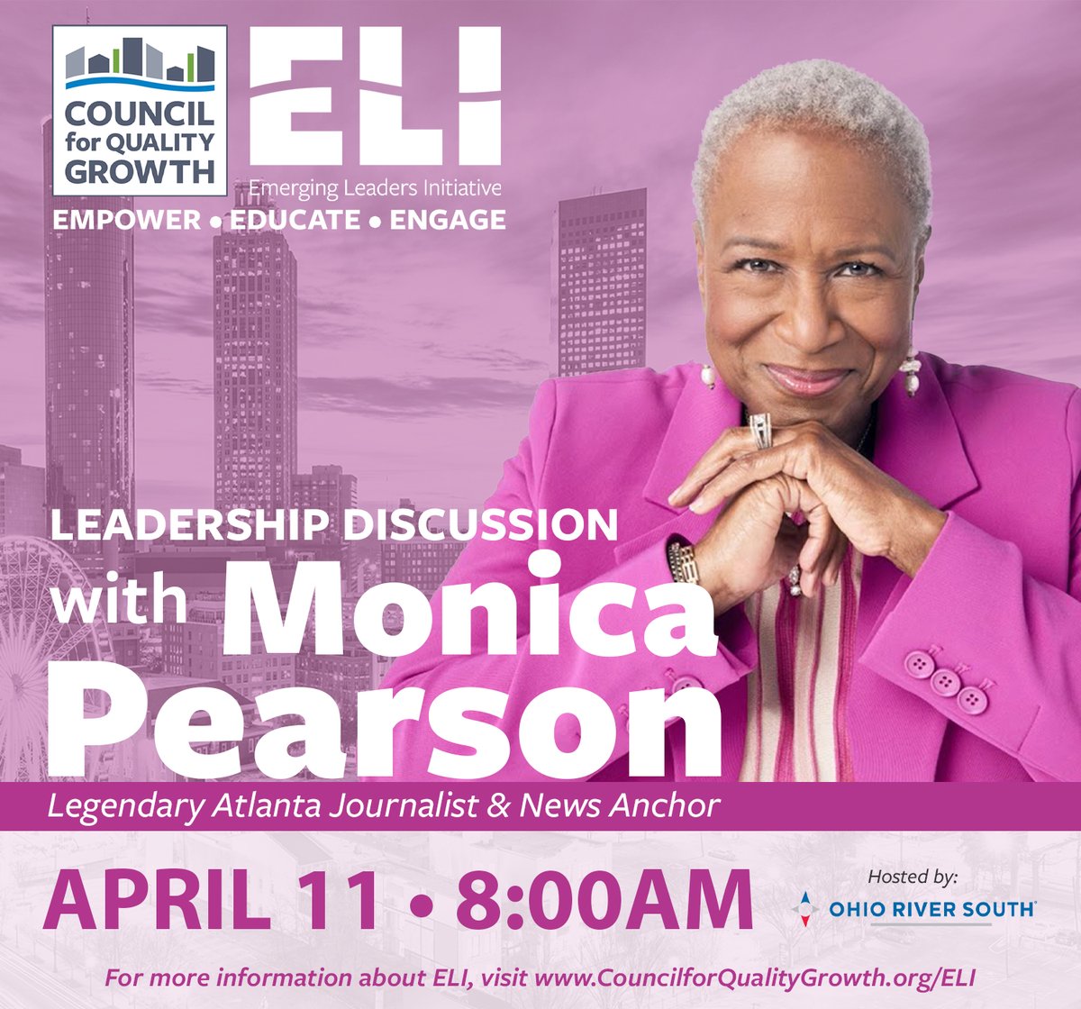Join our Emerging Leaders this Thursday, April 11 from 8-10AM for an exciting event featuring legendary news anchor and journalist, Monica Pearson, hosted by <a href="/OhioRiverSouth/">Ohio River South</a>. Register or sponsor now: councilforqualitygrowth.memberzone.com/events/details…