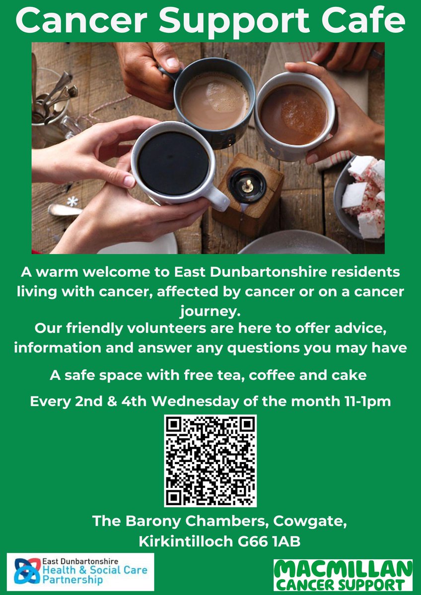 The Cancer Support Cafe is a safe space for any East Dun residents living with cancer, affected by cancer or on a cancer journey. There are friendly volunteers & free tea, coffee & cake. The next café is Wednesday 10th April 11am-1pm at Barony Chambers, Kirkintilloch.