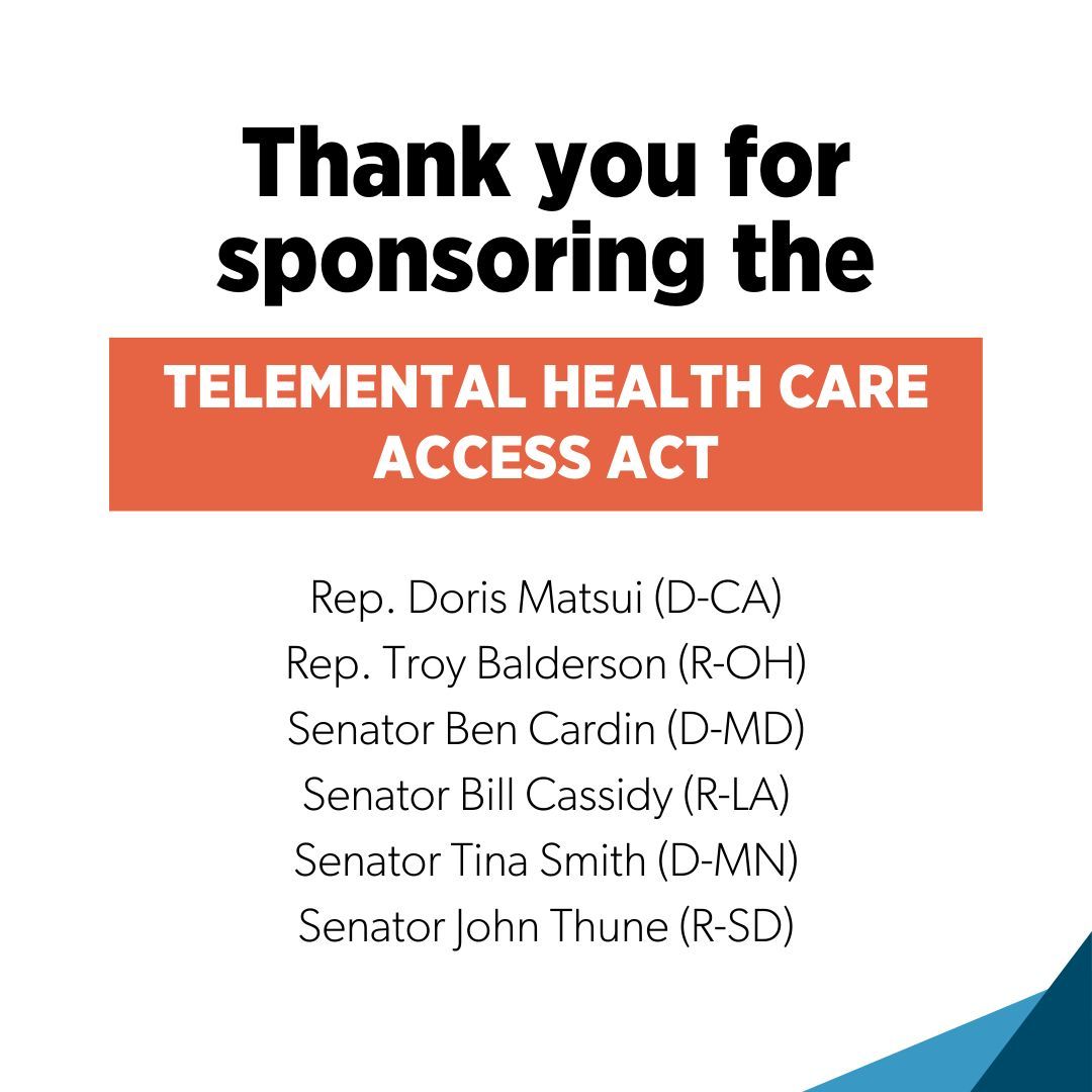 Thank you @DorisMatsui @RepBalderson @SenatorCardin @SenBillCassidy @SenTinaSmith @SenJohnThune for the Telemental Health Care Access Act. We urge Congress to support this and repeal the Medicare in-person requirement. #TelehealthIsBehavioralHealth #TelehealthTuesday
