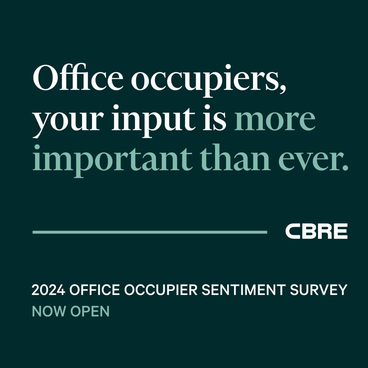 We need your perspective on office attendance, portfolio optimization and technology and sustainability goals. Your response will form the basis of the upcoming CBRE Office Occupier Sentiment Survey—take the survey now to get early access to the report: cbre.co/3Ue3yBi