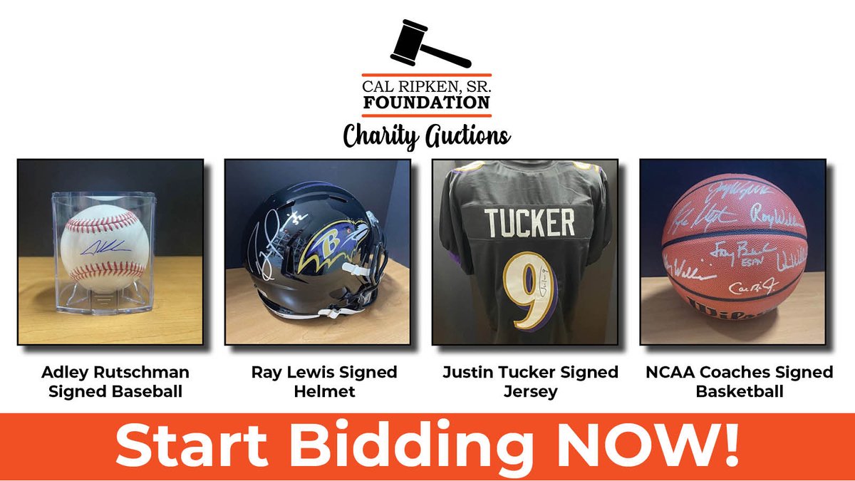 Bid on some of your favorite sports memorabilia, including a signed Adley Rutschman baseball, signed Justin Tucker jersey, and NCAA Coaches signed basketball. All proceeds support the Ripken Foundation's programs across the country. e.givesmart.com/events/Cge/