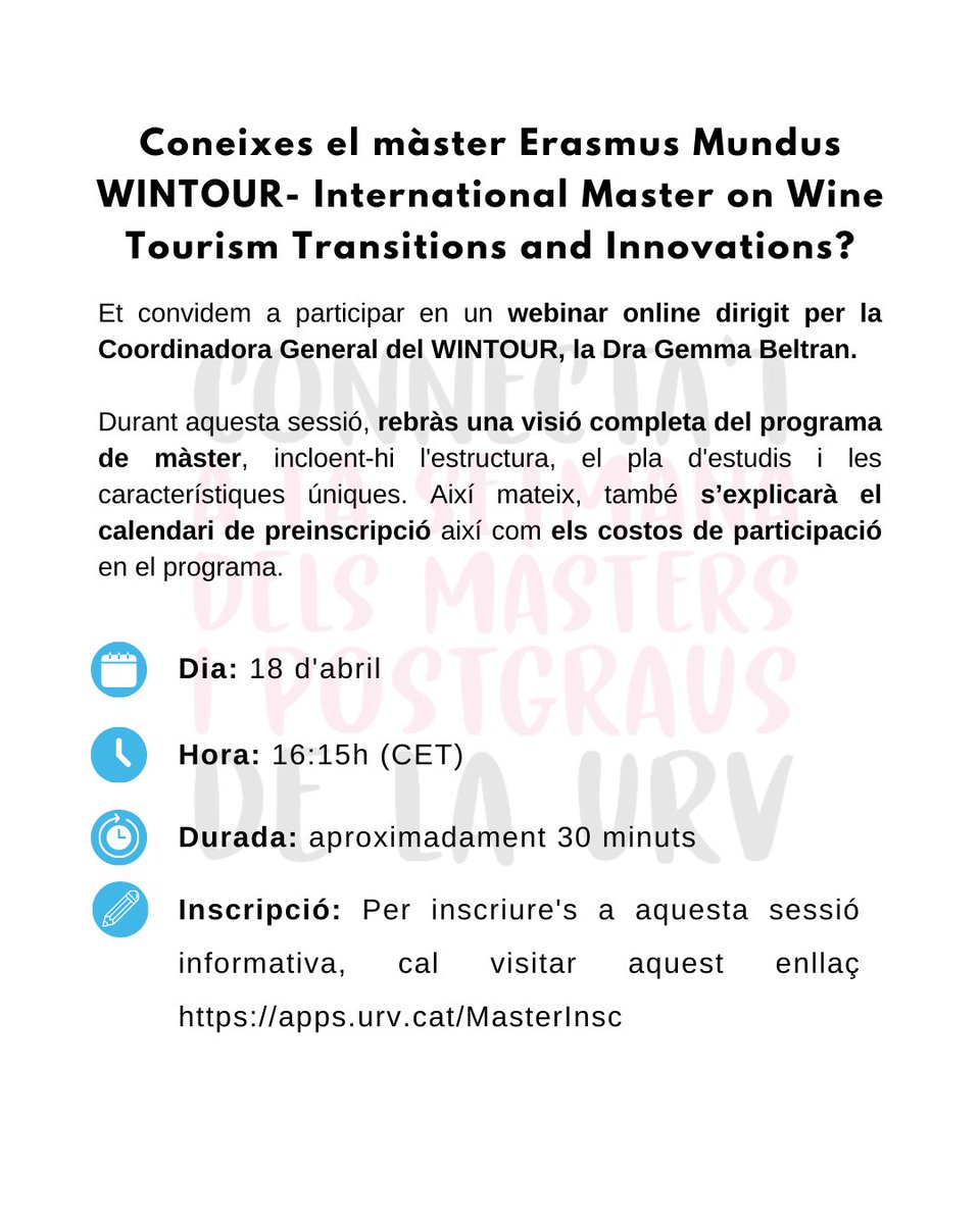 👉🏼 Et convidem a participar al webinar online dirigit per la Coordinadora General del WINTOUR, la Dra Gemma Beltran. Rebràs una visió completa del programa, incloent-hi l'estructura, el pla d'estudis i les característiques úniques.