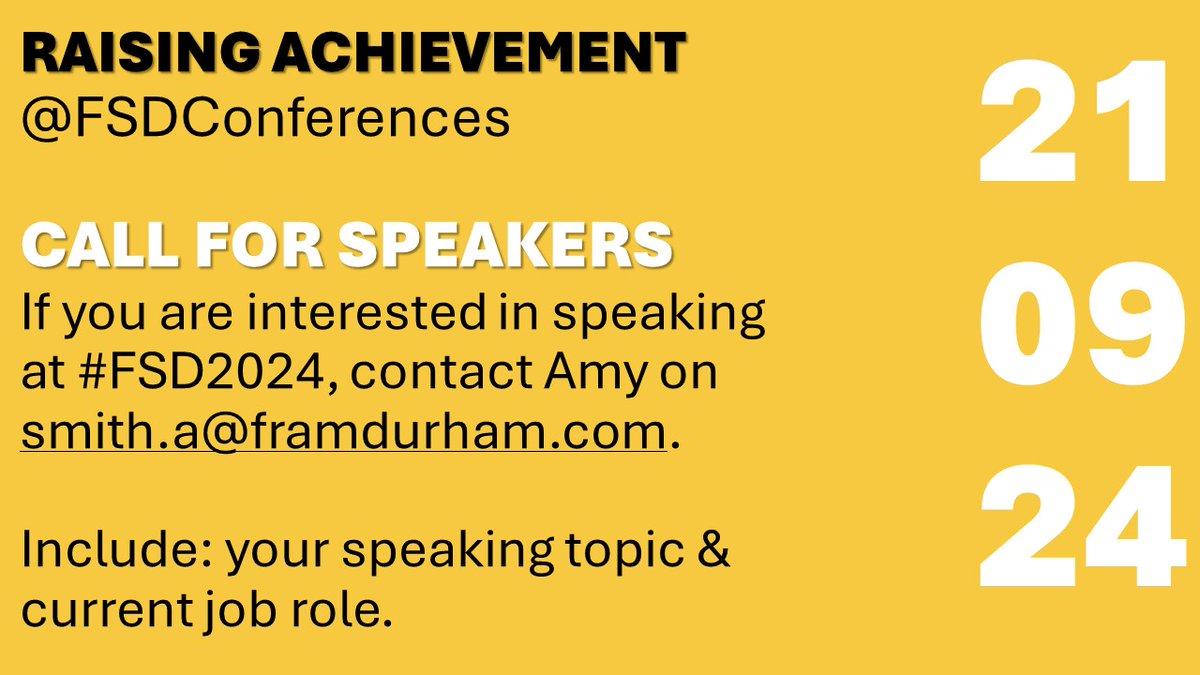 Call for speakers - contact Amy if you are interested in speaking at #FSD2024. @Team_English1 @LitdriveUK @SCHOOLSNE @fram_official. Speaking proposals can be subject or strategy specific, or about raising achievement across a dept/school/trust.