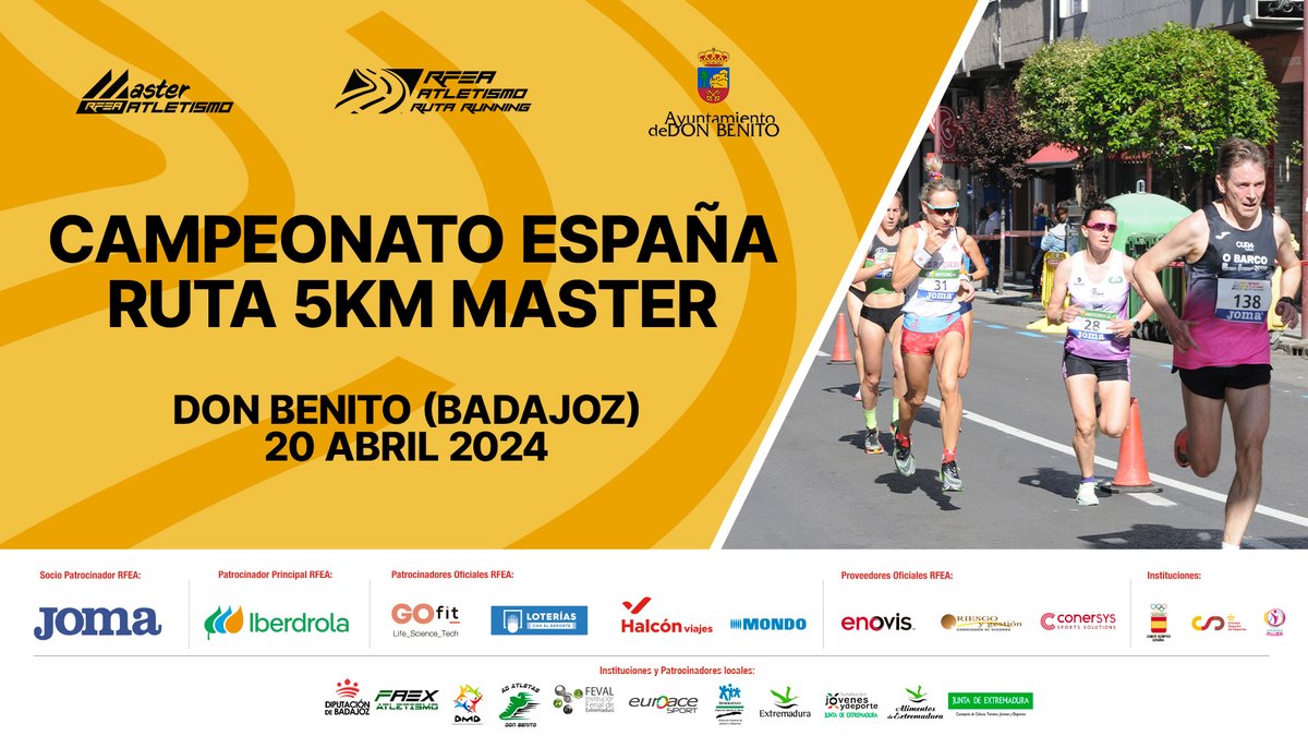 Campeonato de España 5 km ruta Master 📅20 abril 2024 📍Don Benito (Badajoz) 2⃣3⃣4⃣ atletas (177 🚹 y 57 🚺) INSCRITOS 🔗bit.ly/3U9Qj4f