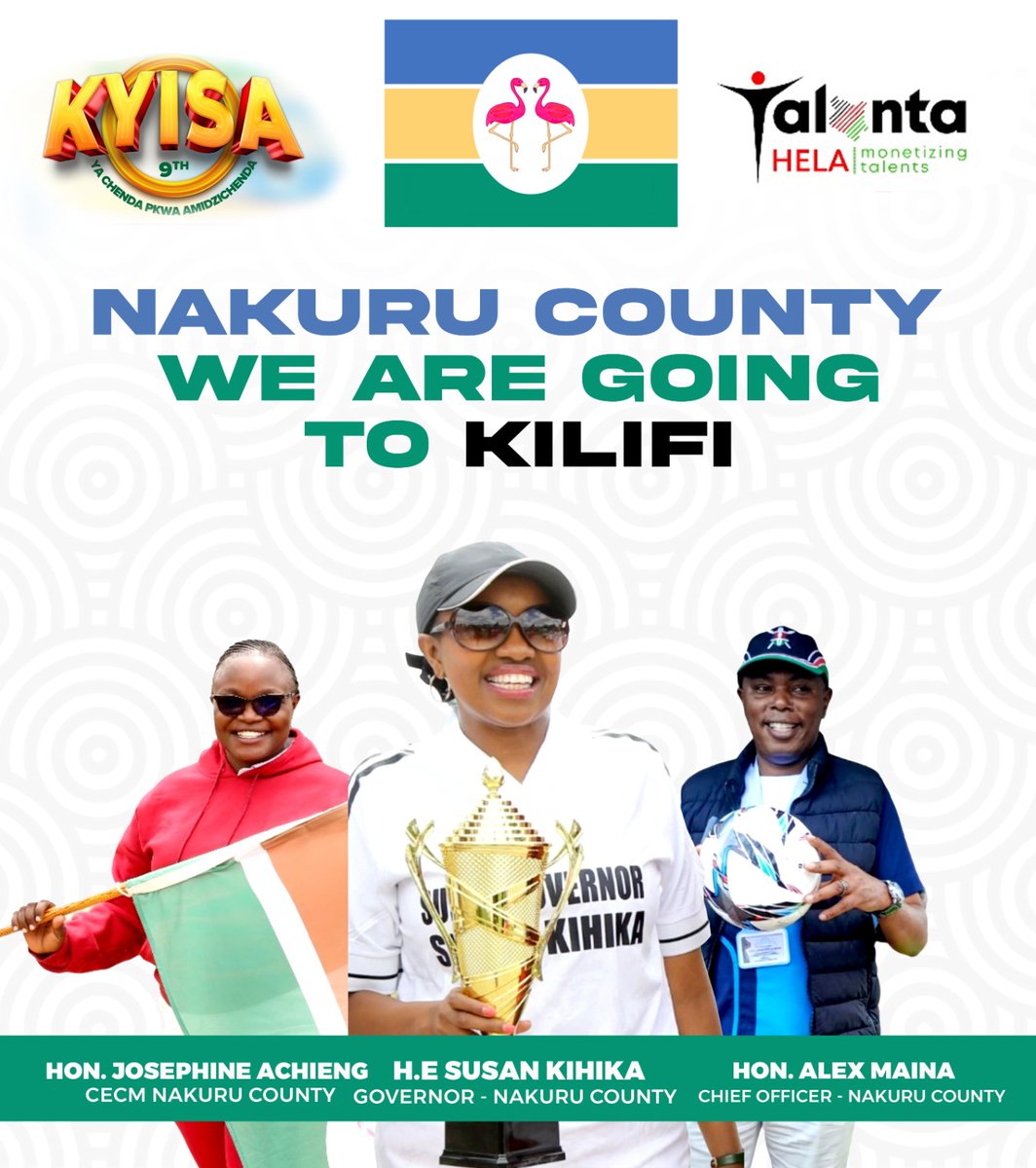 Kaunti ya Nakuru tayari Gavana wao, Mheshimiwa Susan Kihika, amezipa timu za kaunti hiyo baraka zake na kuwaambia wako huru kusafiri hadi Kilifi kushiriki mashindano ya KYISA. Naks wako ndaaaani kabisaa! @susankihika @AbabuNamwamba @GideonMungaroM @KilifiCountyGov