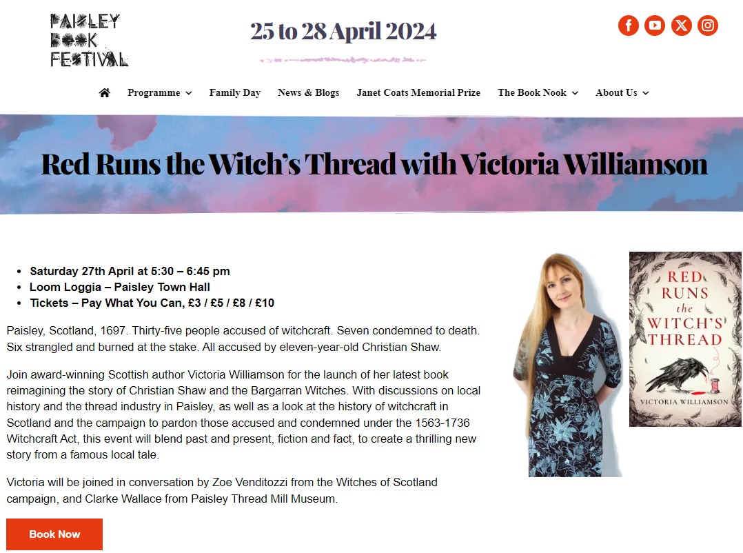 The Red Runs the Witch's Thread book launch with me, @zoevenditozzi and @Paisleymill has moved to a larger venue for the Paisley Book Festival, so head to the @BookPaisley website here to book a ticket for Saturday April 27th, 5.30-6.45pm: paisleybookfest.com/programme/red-… @witchesofscotl1