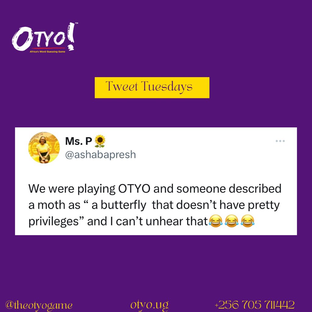 We can’t unhear it too!

A butterfly with what?🤭 Poor moth!

#theotyogame #theotyoapp #tribeclues #guesstheword #tweettuesdays #wordgame #Africangame