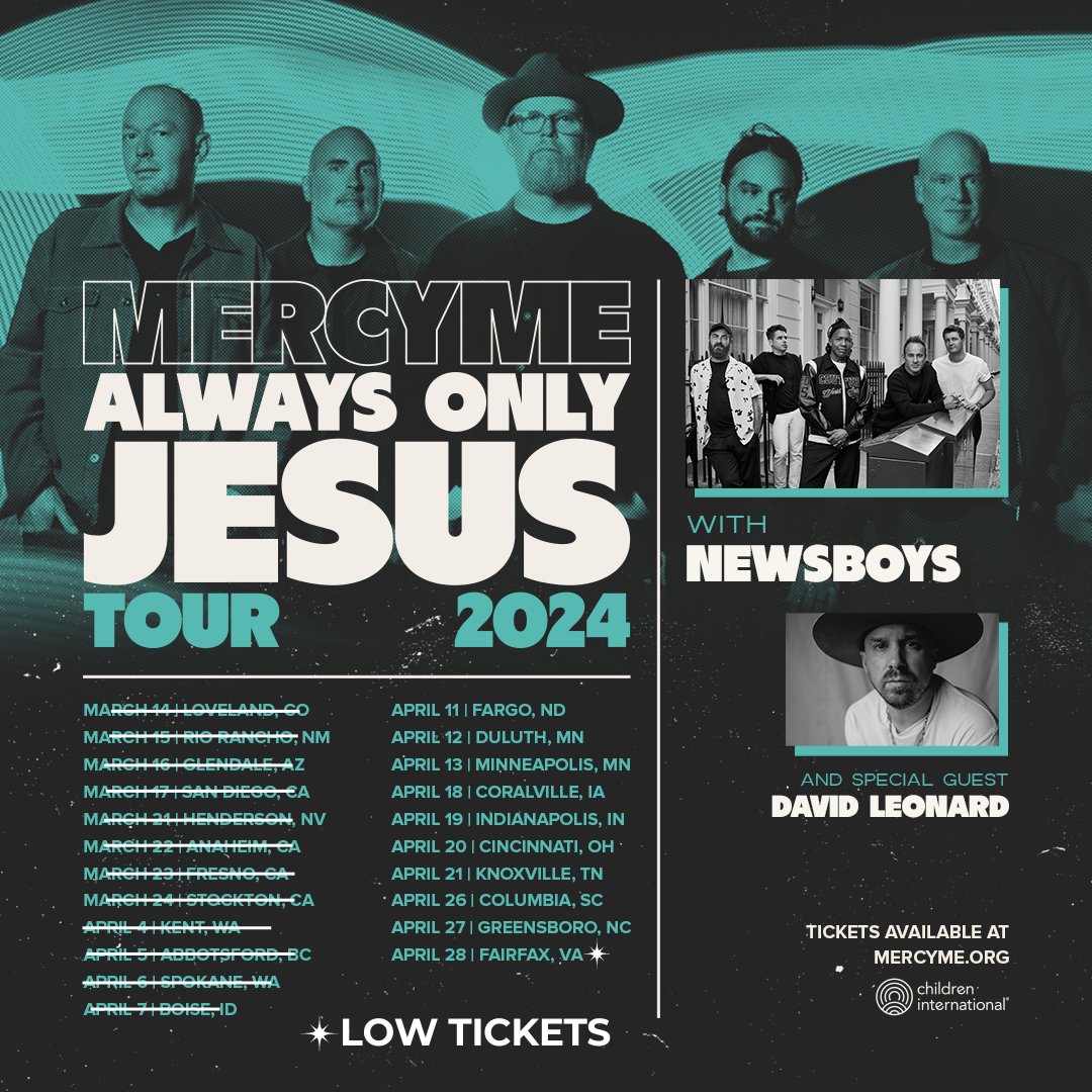 North Dakota! Minnesota! We’re heading your way on the #AlwaysOnlyJesusTour this week 🎉 Will we see you there? There’s still time to get tickets— visit mercyme.org today! #AlwaysOnlyJesusTour #AlwaysOnlyJesus #MercyMe #MercyMeLive #Newsboys #DavidLeonard