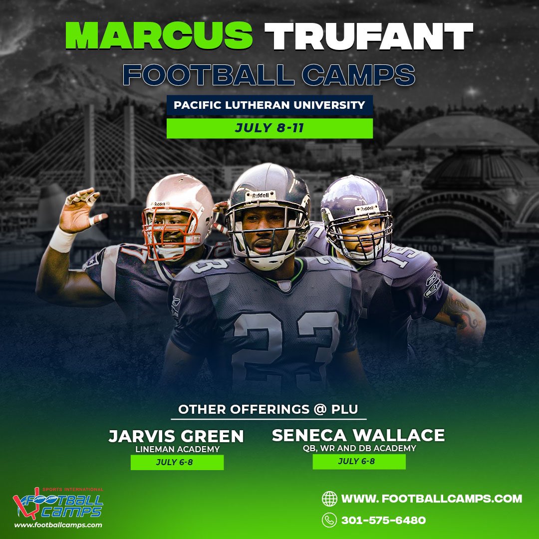 Come join our former NFL Pros: Marcus Trufant, Seneca Wallace, & Jarvis Green at our football camps in Tacoma, Washington this July! There’s still time to join and learn from NFL pros! Learn more at footballcamps.com #sifootballcamps #trainwiththebest