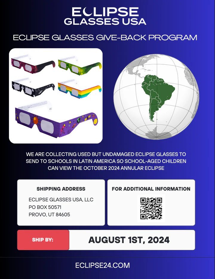 DONT THROW AWAY YOUR ECLIPSE GLASSES‼️ stick your glasses in an evelope & mail to the address below so that kids in Latin America can use them Oct 2, to watch the South American Eclipse Eclipse Glasses USA, LLC PO Box 50571 Provo, UT 84605