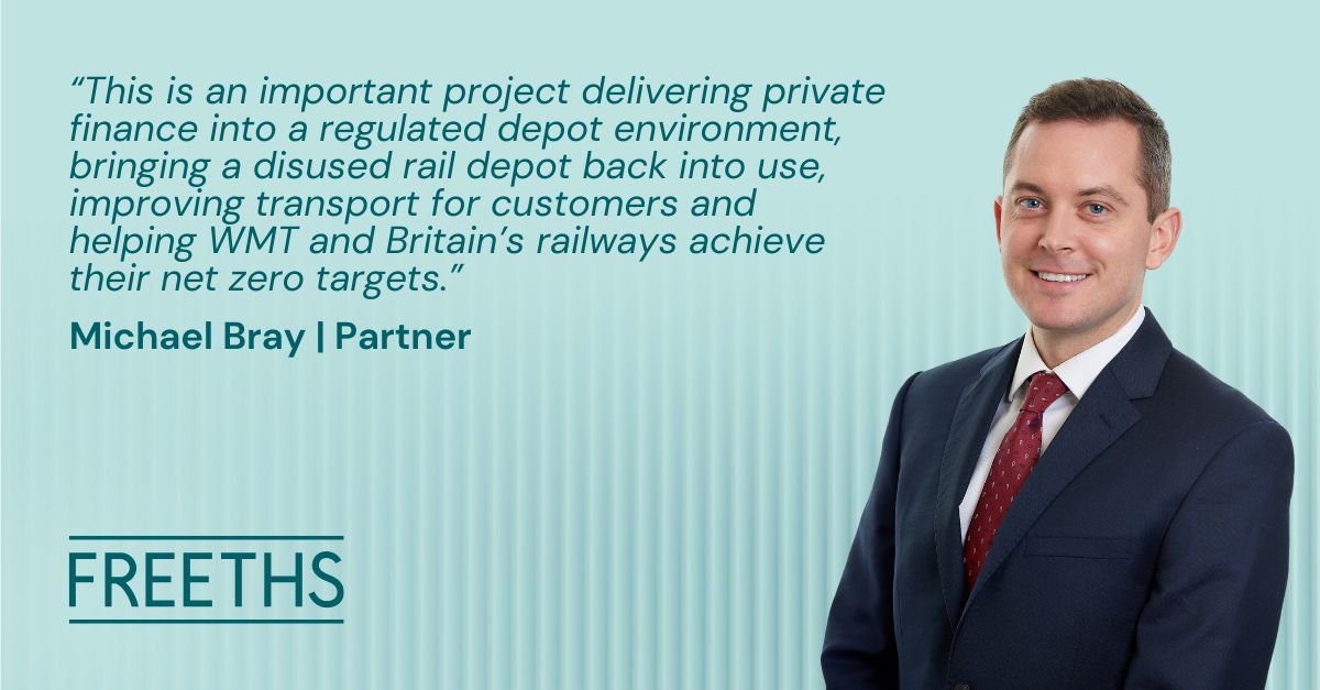 We have advised Porterbrook, the UK’s leading rolling stock financier and asset management company, on financing the redevelopment of Bletchley depot for West Midlands Trains 🚂 Read more below 👇 freeths.co.uk/insights-event… #Porterbook #WestMidlandsTrains