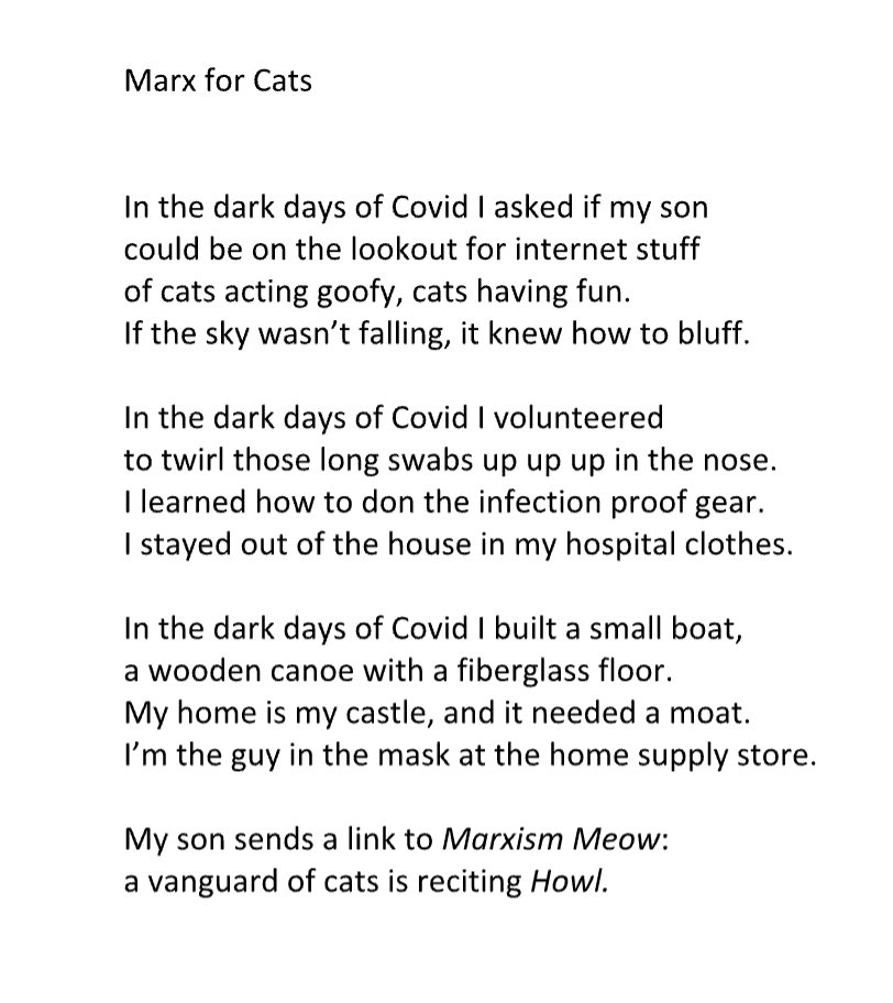 Getting fan mail from fellow feline Marxists has been a genuine delight since the publication of 'Marx for Cats.' But this vaguely Ginsbergian poem surpasses all--an internist working during the early pandemic days imagines a feline revolution as salvation. @DukePress