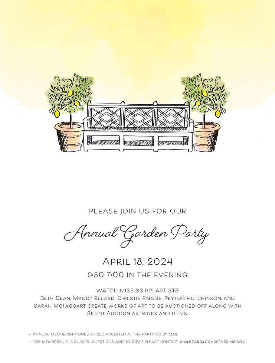 Next week is our Friends of the Mansion garden party! We’ll have Mississippi artists Beth Dean, Mandy Ellard, Christie Farese, Peyton Hutchinson, & Sarah McTaggart creating artwork for auction! For information on how to join, contact Ann Beard at Ann.beard@govreeves.ms.gov!