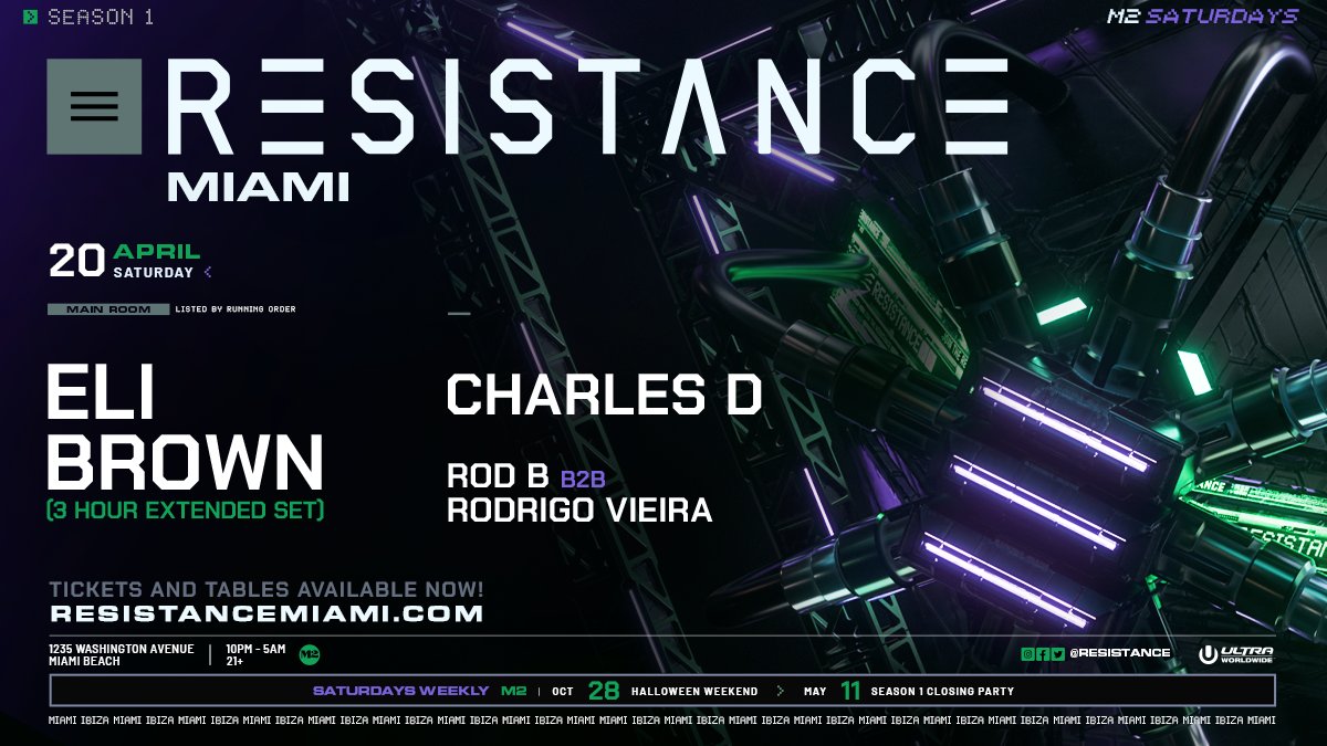 Hot off his RESISTANCE Ultra Miami debut last month, @Elibrownbeats joins us for his debut at the RESISTANCE Club Residency on Sat, April 20 with @CHARLESDMUSIC, and Rod B B2B @rodrigovieiradj at @M2_Miami_! Tickets ➡️ resistancemiami.com/tickets Tables➡️ resistancemiami.com/tables