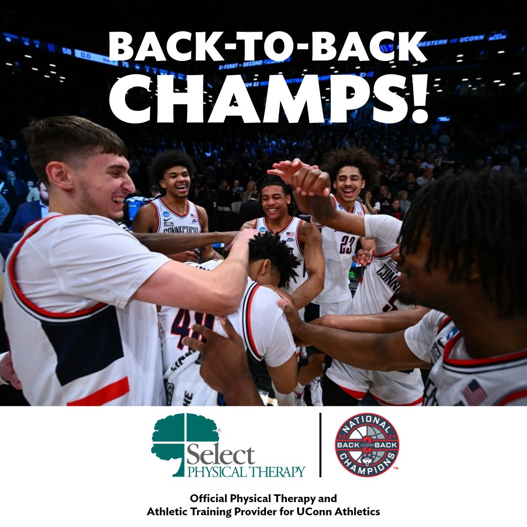 As the official physical therapy and athletic training provider for UConn Athletics, we are congratulating the men's basketball team on capturing their second consecutive championship. Way to go, Huskies! @UConnHuskies #proudpartner