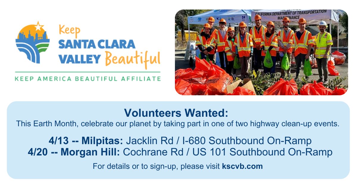 Looking to make a difference this Earth Month? Take part in one of the upcoming events planned to remove hazardous and unsightly litter from our local roadways. Join us 4/13 in Milpitas or 4/20 in Morgan Hill. Visit kscvb.com for details and to sign up.
