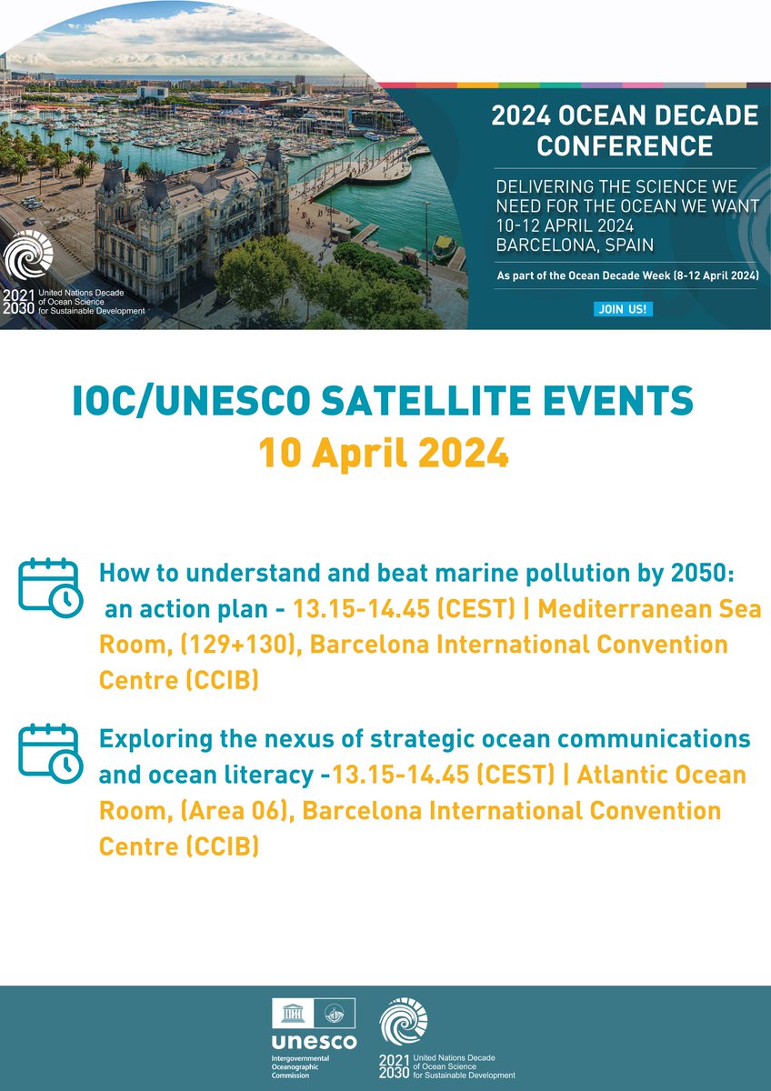 Join us at the 2024 Ocean Decade Conference in Barcelona, Spain! Discover a list of key IOC/UNESCO satellite events for tomorrow 10 April 👇 Full list of IOC/UNESCO satellite events here 👉 ow.ly/Q0Jx50R4OxB