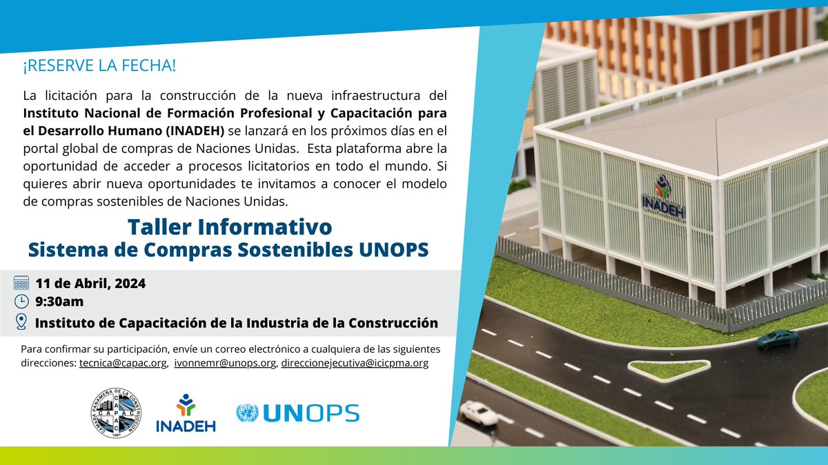UNOPS_es's tweet photo. En #Panamá, estaremos realizando un taller informativo para agremiados de la @CapacPanama sobre cómo participar en los procesos de las Naciones Unidas.

¡Acompáñanos a este evento dirigido a empresas del sector construcción!
Confirma tu participación al correo: tecnica@capac.org https://t.co/aVGJ1DNTF9