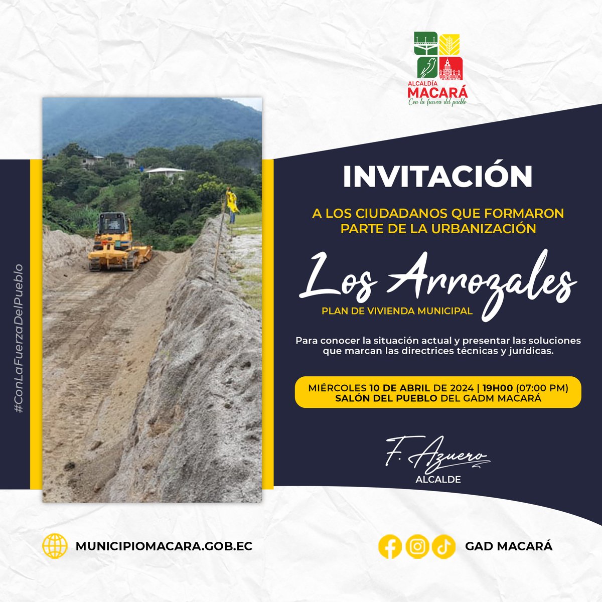 ✅ Se invita a todos los ciudadanos que formaron parte de la urbanización "Los Arrozales" (𝐏𝐋𝐀𝐍 𝐃𝐄 𝐕𝐈𝐕𝐈𝐄𝐍𝐃𝐀 𝐌𝐔𝐍𝐈𝐂𝐈𝐏𝐀𝐋).

▶️ Miércoles 10 de abril de 2024
▶️ 19h00 (07h00 PM)
▶️ Salón del Pueblo 

#ConLaFuerzaDelPueblo #franciscoazueroalcalde #gadmm2023_2027