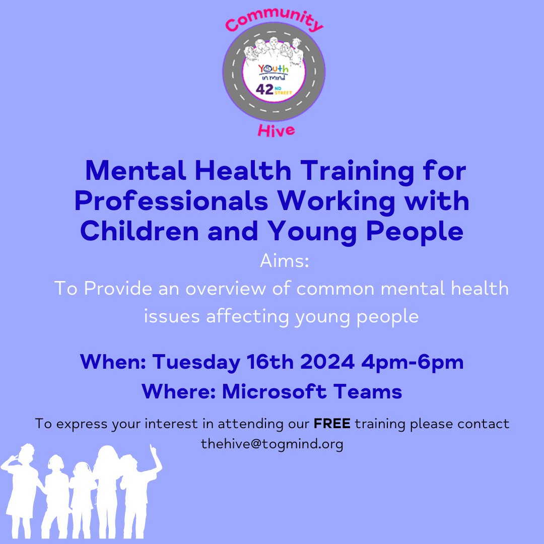 Do you work with children and young people? Join us for our next FREE Mental Health training session on Tue 16th April at 4pm. To reserve your place please email: thehive@togmind.org 

#MentalHealthTraining #ChildMentalHealth #MentalHealthAwareness #MentalHealthSupport