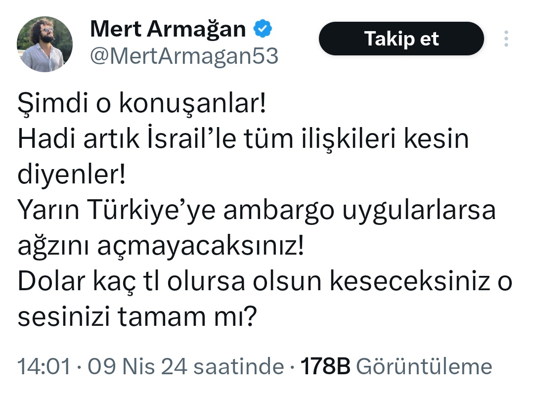 Güzel itiraf. Gazze'deki çocuklar umurlarında değil. Tek dertleri para. Bir yandan İsrail'e uçak ve jet yakıtı gidiyor. Bir yandan da timsah gözyaşı döküyorlar. Tarihin gördüğü en ikiyüzlü insanlarsınız.