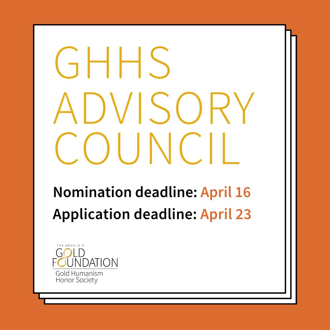 The GHHS Advisory Council is accepting applications! ✨Apply or nominate a GHHS member today! ✨We are seeking Trainees (Students, Residents, Fellows), Chapter Advisors, and Tow Awardees who have an interest in the flourishing of humanism in healthcare. gold-foundation.org/programs/ghhs/…
