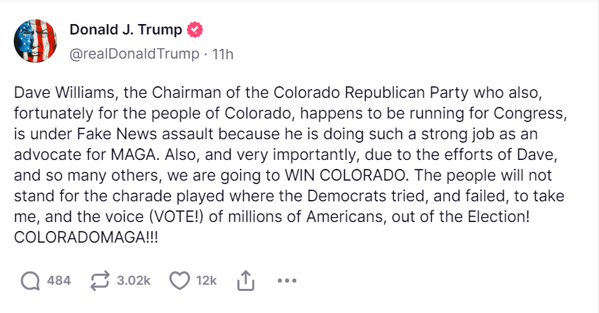Looks like former President Donald Trump has weighed in on the aftermath of the situation, taking to Truth Social to support CO GOP Chair Dave Williams who's 'under Fake News assault.' Over the past few days, multiple national news outlets have picked up this story.