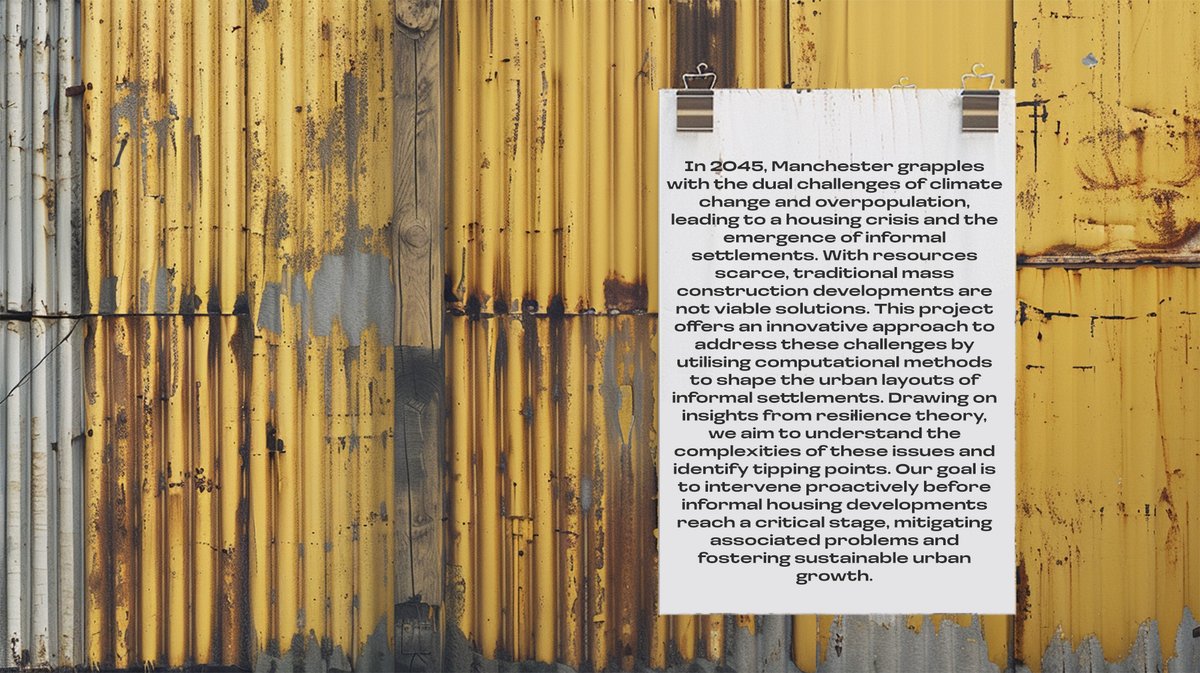 Introducing Our Project: Formalising '45

The climate crisis has surpassed its tipping point and 3 billion people face mass displacement. Manchester welcomes climate refugees, exacerbating overpopulation, resource shortages and social disparities.

<a href="/kgarchitecture/">Katie</a> <a href="/sethd98/">Seth</a>