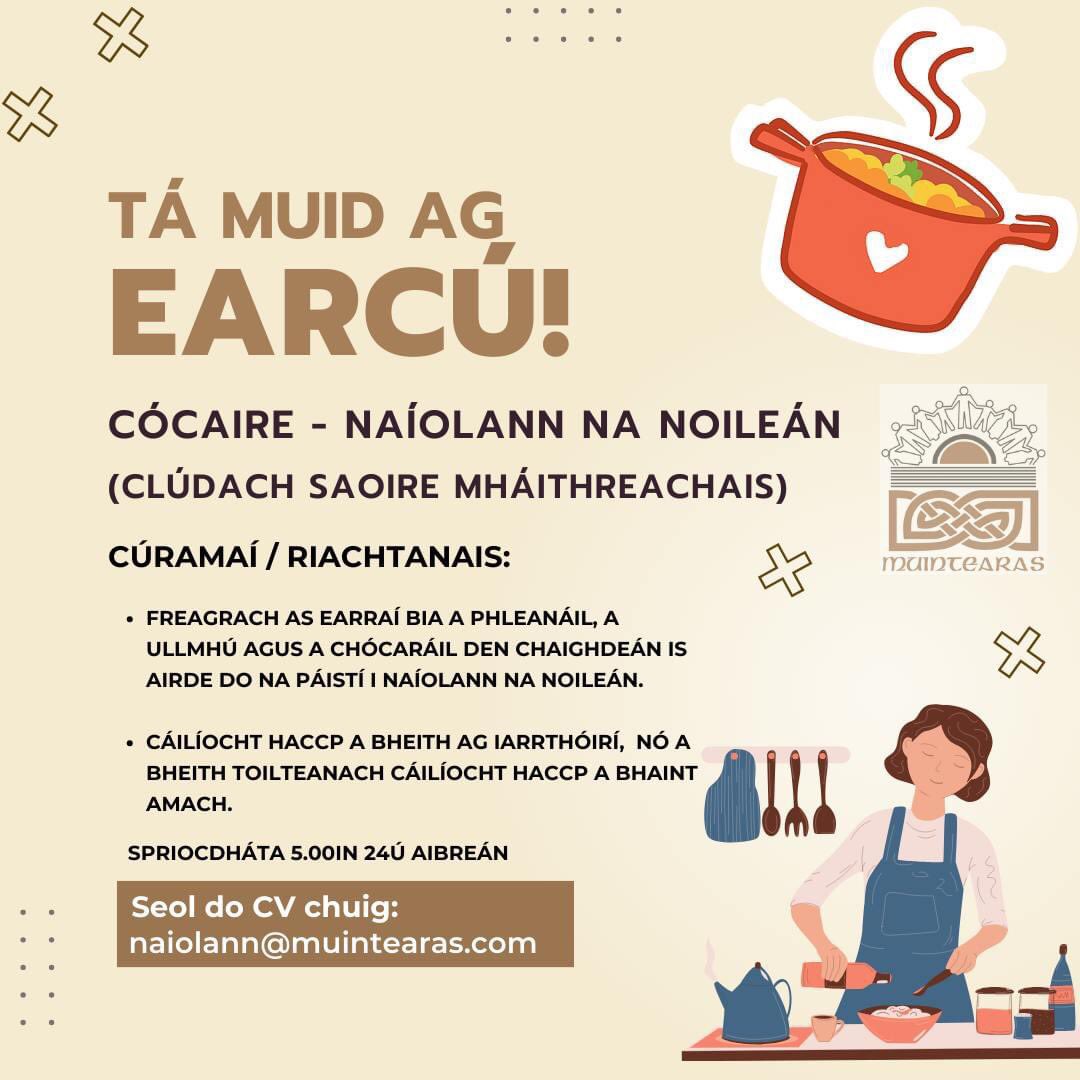 📌 FÓGRA POIST X2 (Clúdach saoire mháithreachais) 👩‍👦‍👦👩‍🍳

Post mar Bhainisteoir Cúraim Leanaí AGUS mar chócaire i Naíolann na nOileán

#siognabpost #jobfairy 

Cúramaí agus riachtanais do na poist seo ag an nasc thíos:

🔗muintearas.com/fogra-poist-na…