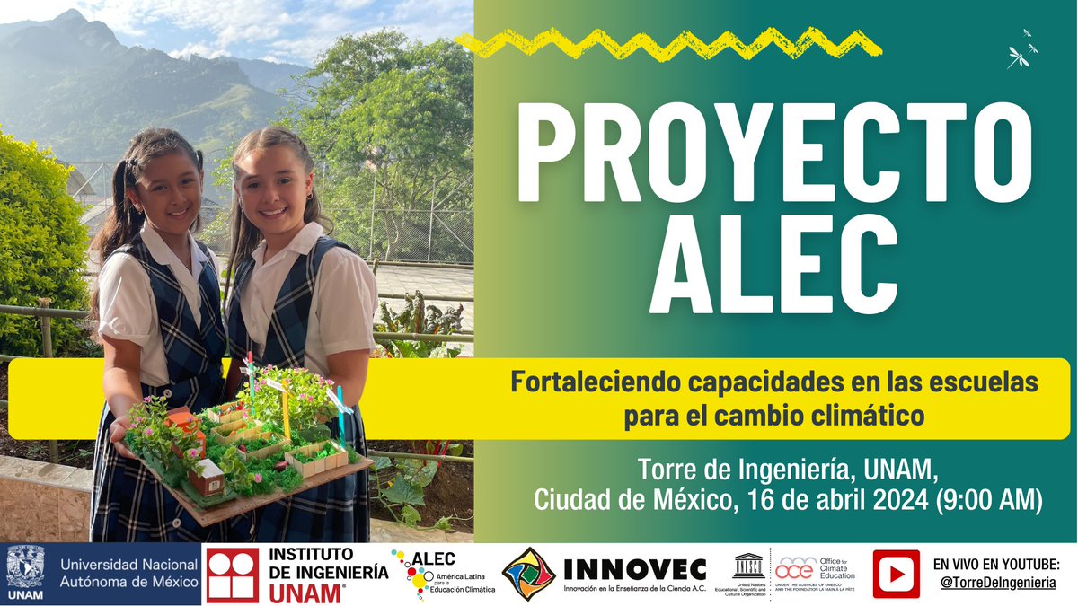 🌟 Este 16 de abril, acompáñanos en la Conferencia Internacional del Proyecto #ALEC en la @UNAM_MX. Testimonia el poder transformador de la educación climática en la formación de ciudadanos informados. 📢 Únete en la transmisión en vivo: bit.ly/4cNUYjQ