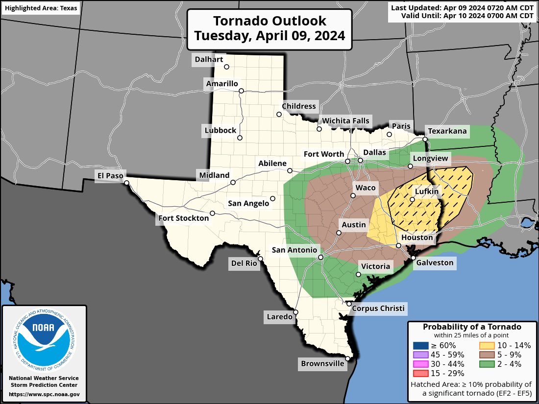 ⛈️En un día de constantes tormentas en gran parte de Texas hoy - ¡Manténgase al tanto del tiempo! ⛈️ Las amenazas incluyen: 🌧️ Granizo grande 💨Ráfagas fuertes de viento 🌊Inundaciones repentinas 🌪️Tornados ⬇️Consejos de preparación⬇️ ready.gov/es/tiempo-seve…