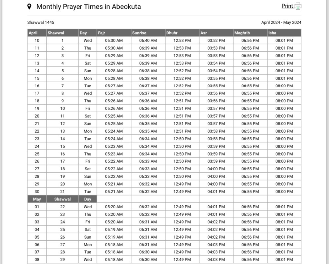 ABEOKUTA Shawwal prayer timetable.