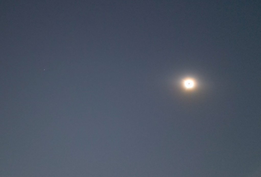 Coolest sky shot from Monday's total eclipse: Jupiter (the little dot on the left) hanging out with the sun. Mars was to the right, out of frame.