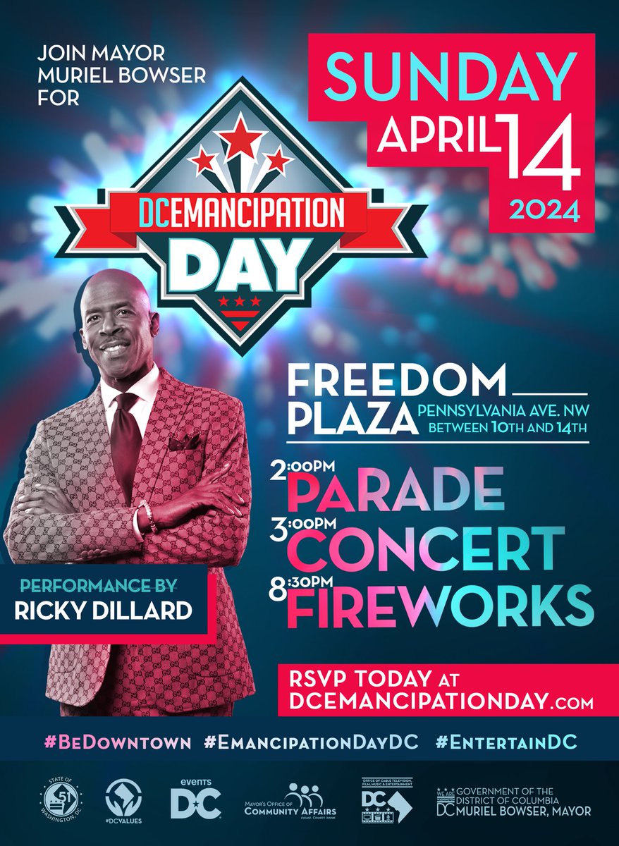 🔥 Join us for DC Emancipation Day with Ricky Dillard! 🎵💖 Experience the vibrancy of DC with a parade, concert, and fireworks display. Mark your calendars and register at dcemancipationday.com! ✨ #DCEmancipationDay2024 #RickyDillard #BeDowntown #EntertainDC 👉🌐