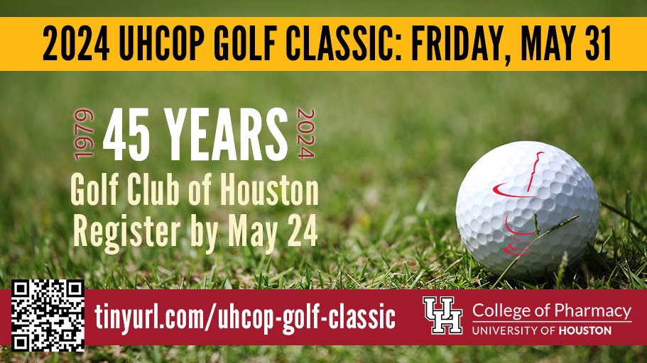 Join UHCOP alumni, faculty & friends Friday, May 31, at Golf Club of Houston to mark 45 years since our 1st tee shot to support UH pharmacy student scholarships; more info at tinyurl.com/uhcop-golf-cla…