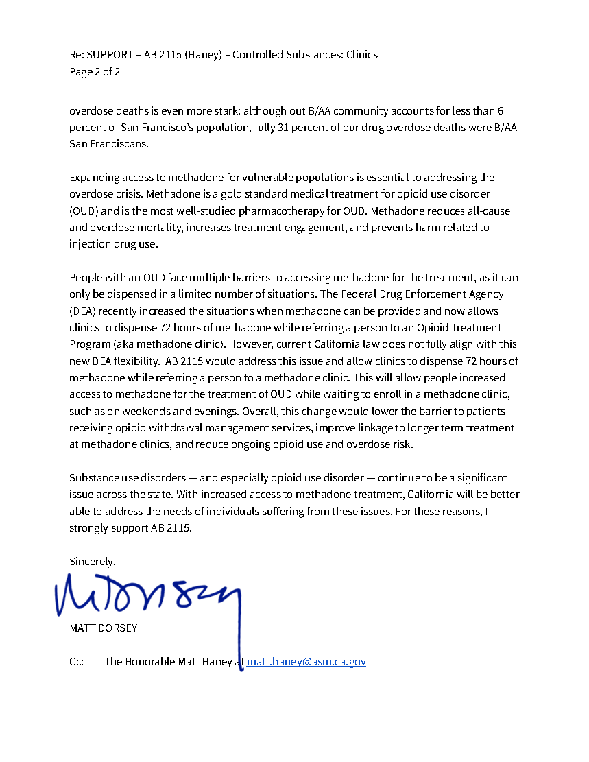 I’m proud to support Assemblymember Matt Haney’s legislation, AB 2115 — to expand access to methadone, and help those who struggle with opioid-use disorders find #recovery from an addiction that’s deadlier than ever before. Thank you, @MattHaneySF, for your leadership.