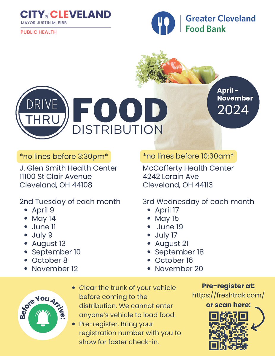 Beginning today (4/9) drive-thru food distributions at the Health Centers 📅Tuesday, April 9th 📍J. Glen Smith Health Center 🗒️no lines before 3:30 pm Pre-register freshtrak.com