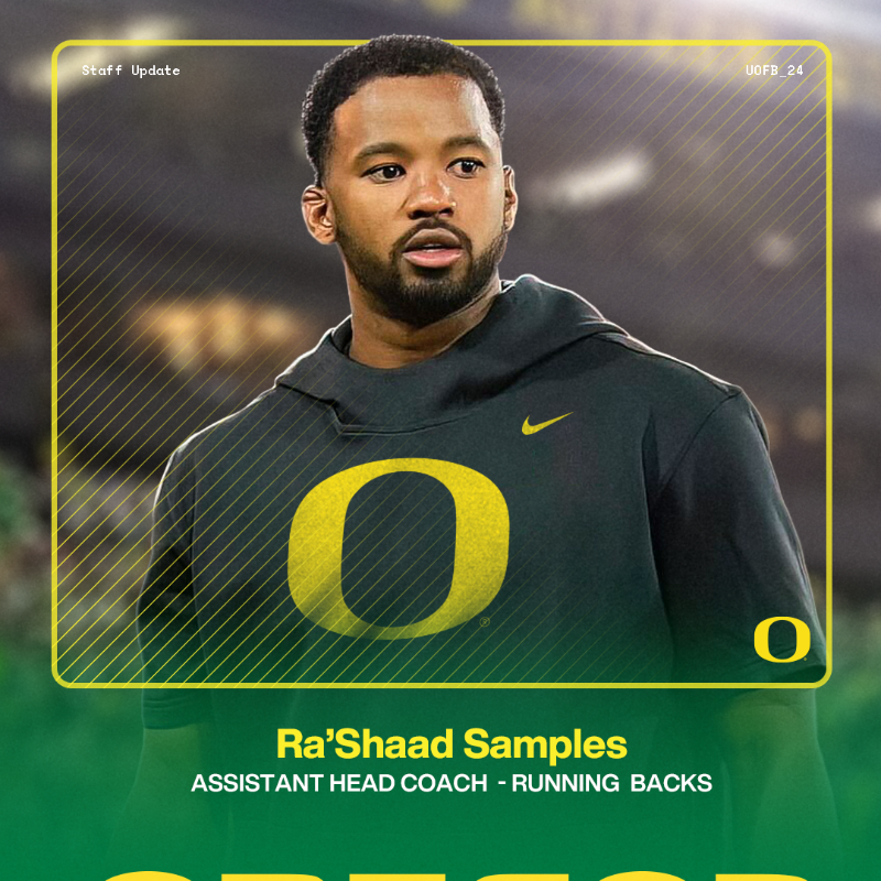 oregonfootball's tweet photo. Elite addition.

@CoachDanLanning has officially announced the hiring of @RashaadSamples as the Ducks' new assistant head coach and running backs coach.

#GoDucks