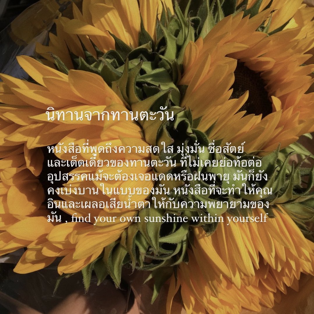 itmydefinition's tweet photo. หนังสือ #นิทานจากทานตะวัน
หนังสือที่จะทำให้คุณอินและเผลอเสียน้ำตาให้กับเจ้าทานตะวันอย่างแน่นอน คุณก็มีแสงสว่างของตัวเองนะ จงเบ่งบานเพื่อตัวคุณเองคนเก่ง :-) https://t.co/imAKwUtiKy